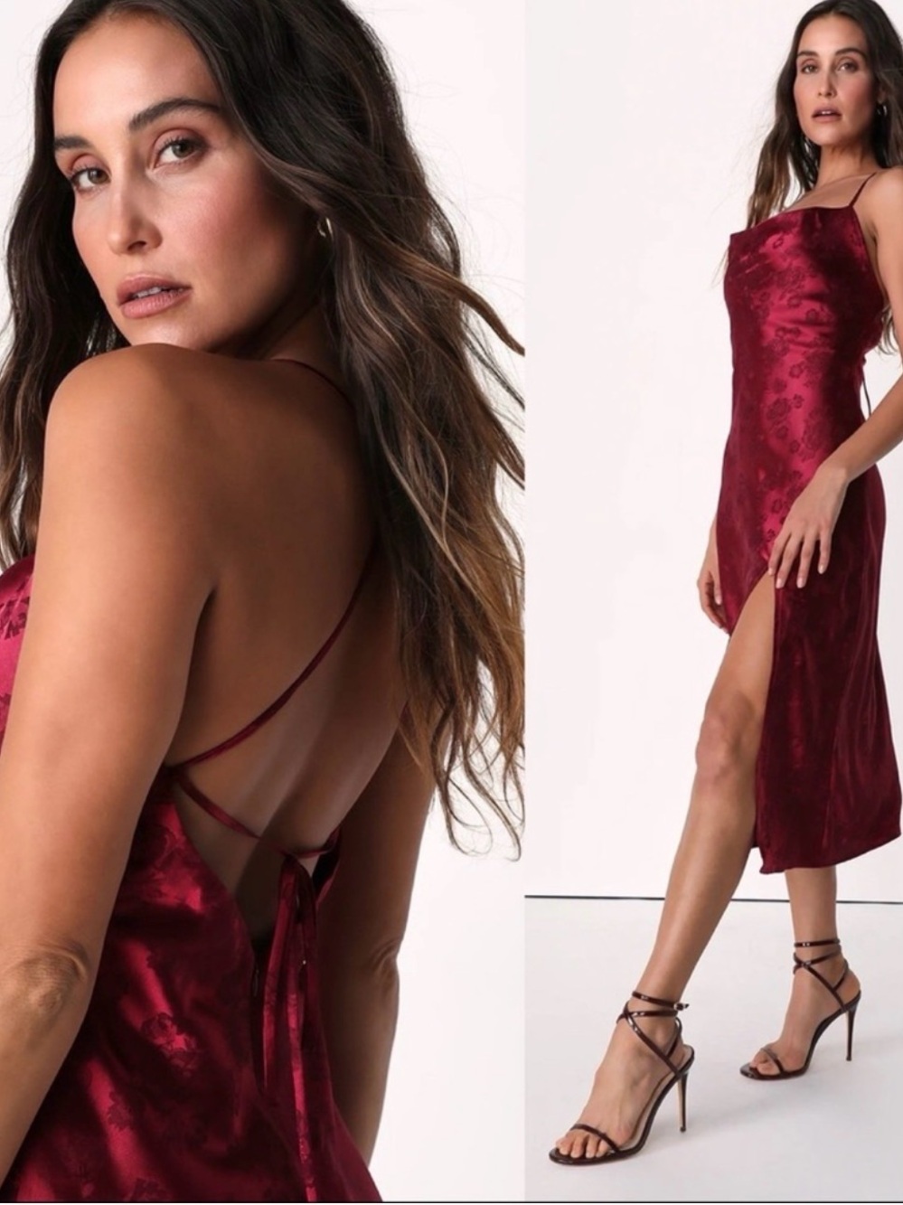 Lulu's Wine Red/burgundy Jacquard Backless Midi Dress with Thigh Slit